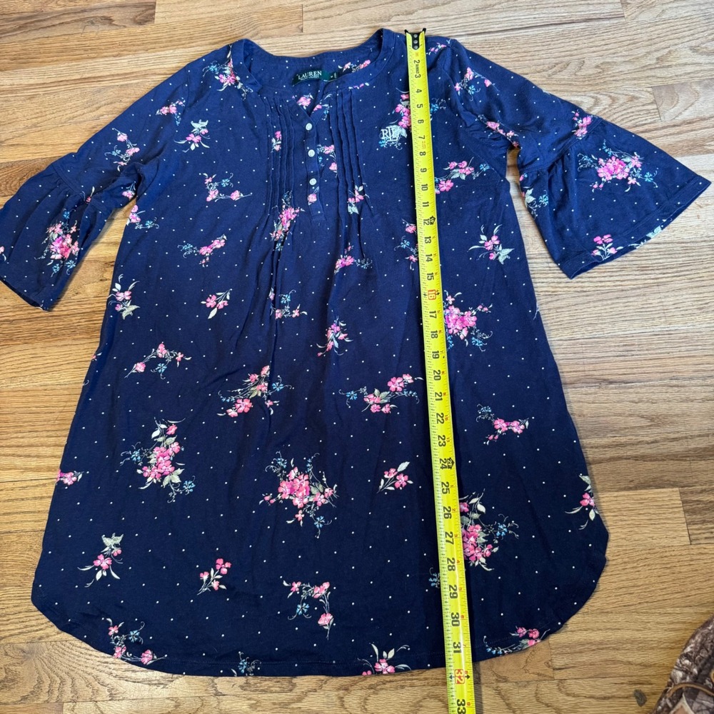 Lauren Ralph Lauren Navy Floral Polka Dot Henley Bell Sleeve Sleep Shirt M - Picture 2 of 9